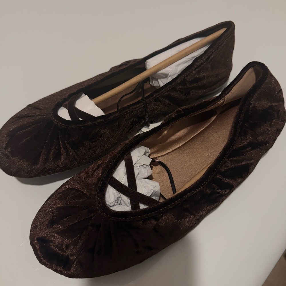 NWT Zara Brown Velvet Strappy Ballerina Flats Shoes Size 8